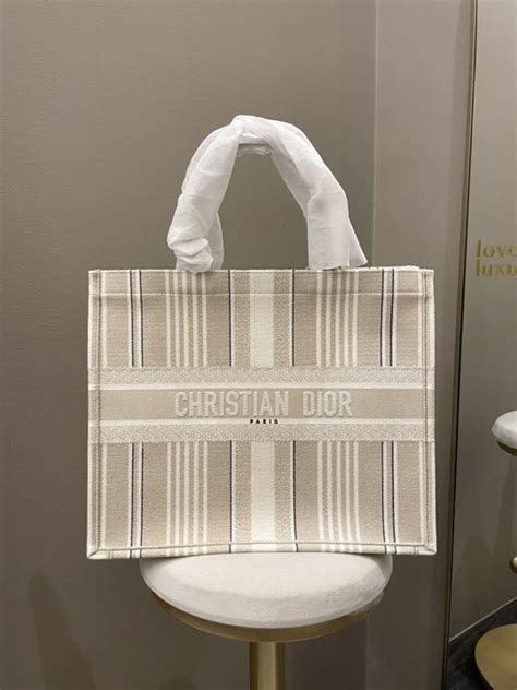 dior book tote beige stripes embroidery|CHRISTIAN DIOR Canvas Embroidered Large Stripes Book Tote .